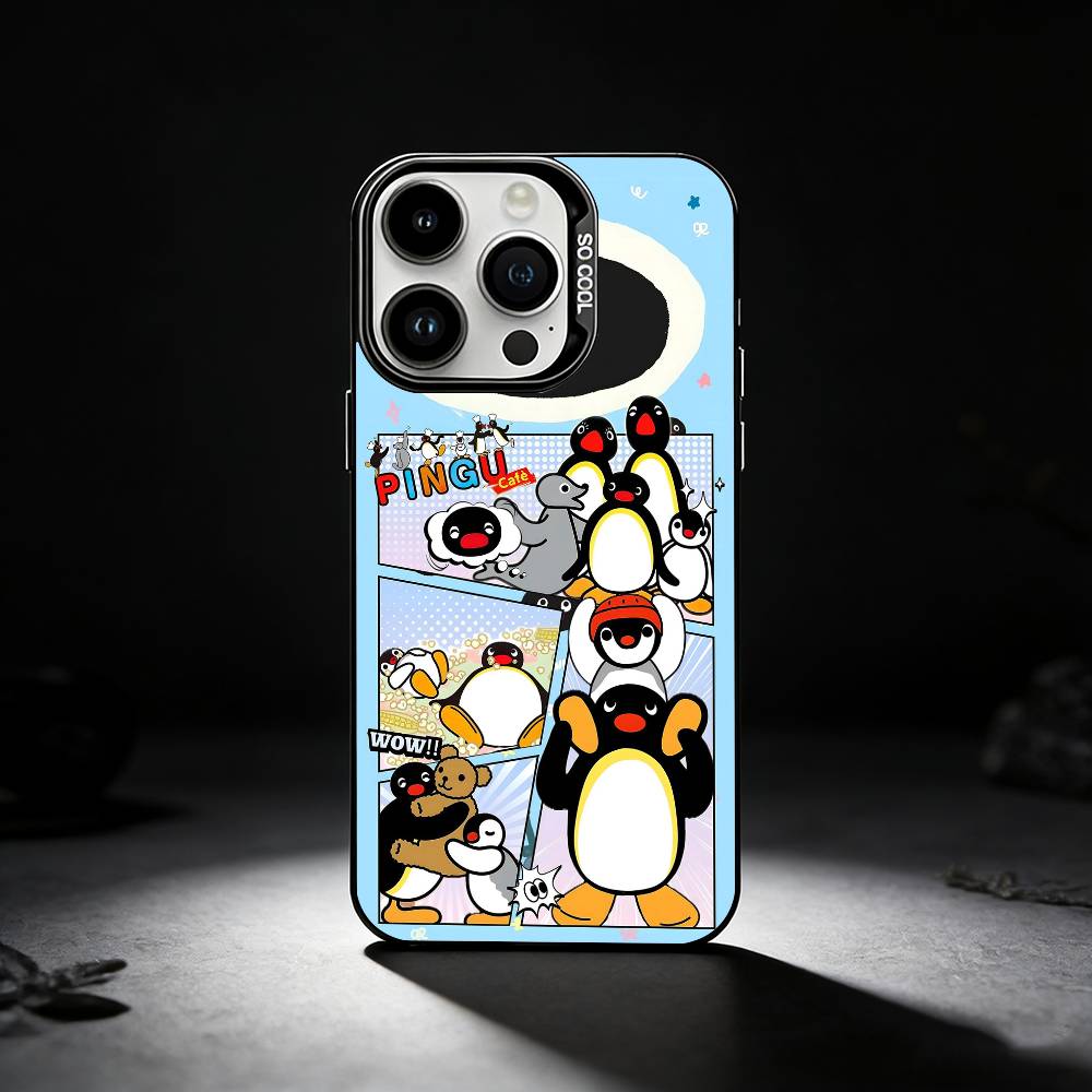 Cute Art Pingu Penguin Phone Case For iPhone 17,16,15,14,13,12,11 Plus,Pro Max,XS,Colored silver phone case