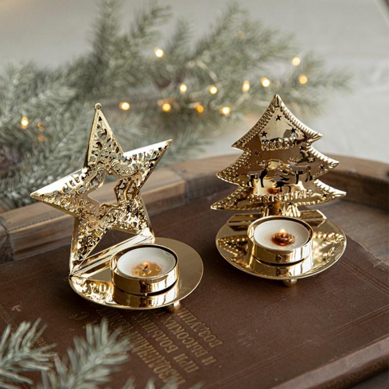 1pcChristmas Tree Candle Holder Gold Iron Snowflake Elk Candle Stand Ornament Christmas Decoration Vintage Tray Decorative Suppl