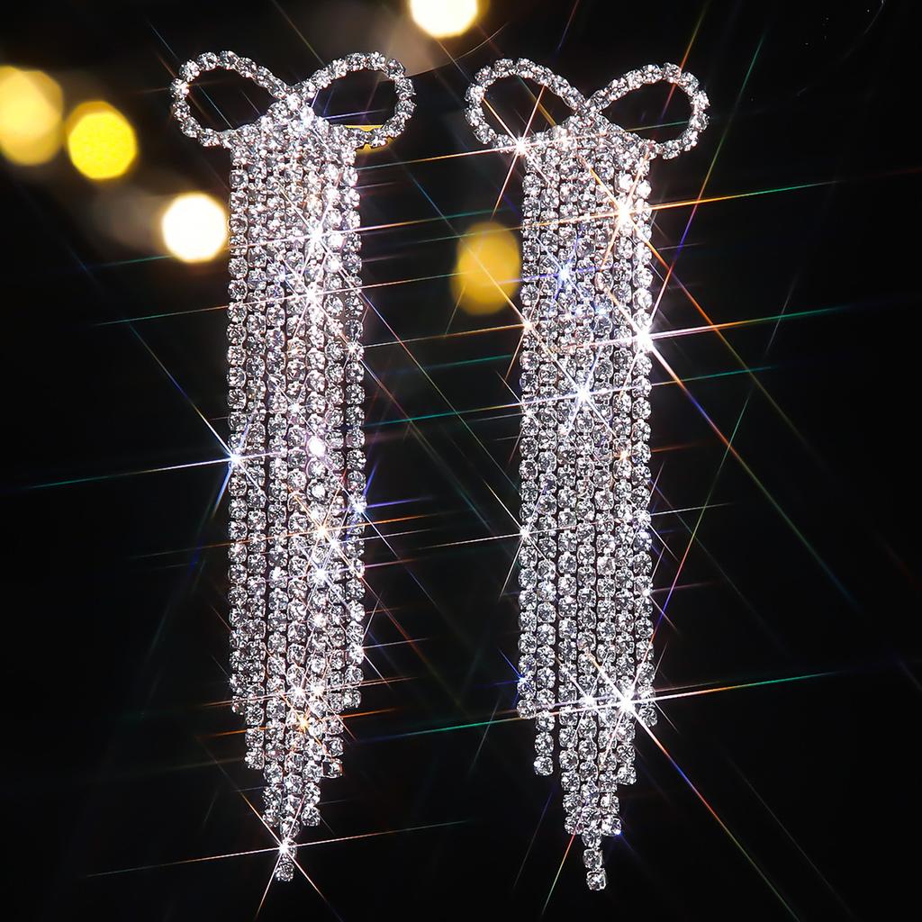 Роскошные длинные серьги-кисточки с бантом, модные цепочные блестящие женские серьги с кристаллами, 1 пара