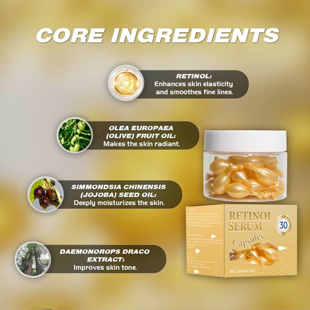 Капсулы ретинола Сыворотка с ретинолом 30 капсул Укрепляющая и увлажняющая сыворотка для лица Ежедневный уход за тонкими линиями и гладкой кожей, 10,5 мл