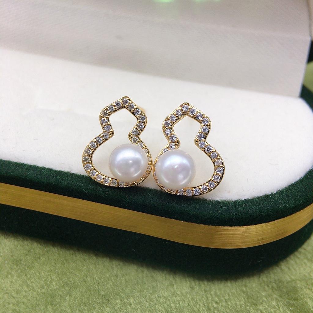 Natural freshwater pearl earrings, classic gourd retro micro inlaid zircon earrings, fashionable and versatile