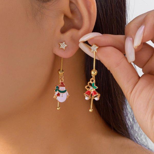 Christmas Asymmetric Tassel Earrings for Women Shiny Rhinestone Xmas Tree Wreath Bowknot Imitation Pearl Earring Party Jewelry