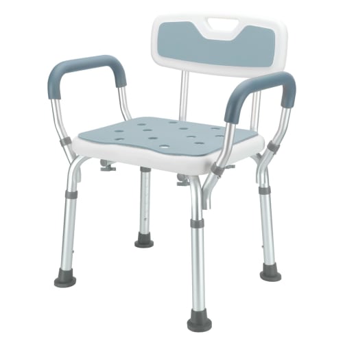 Shower Chair with 6 Height Settings, Lightweight and Durable, with Backrest, Removable Handrails, Shower Clips, and Non-slip Mat. Aluminum Alloy Frame