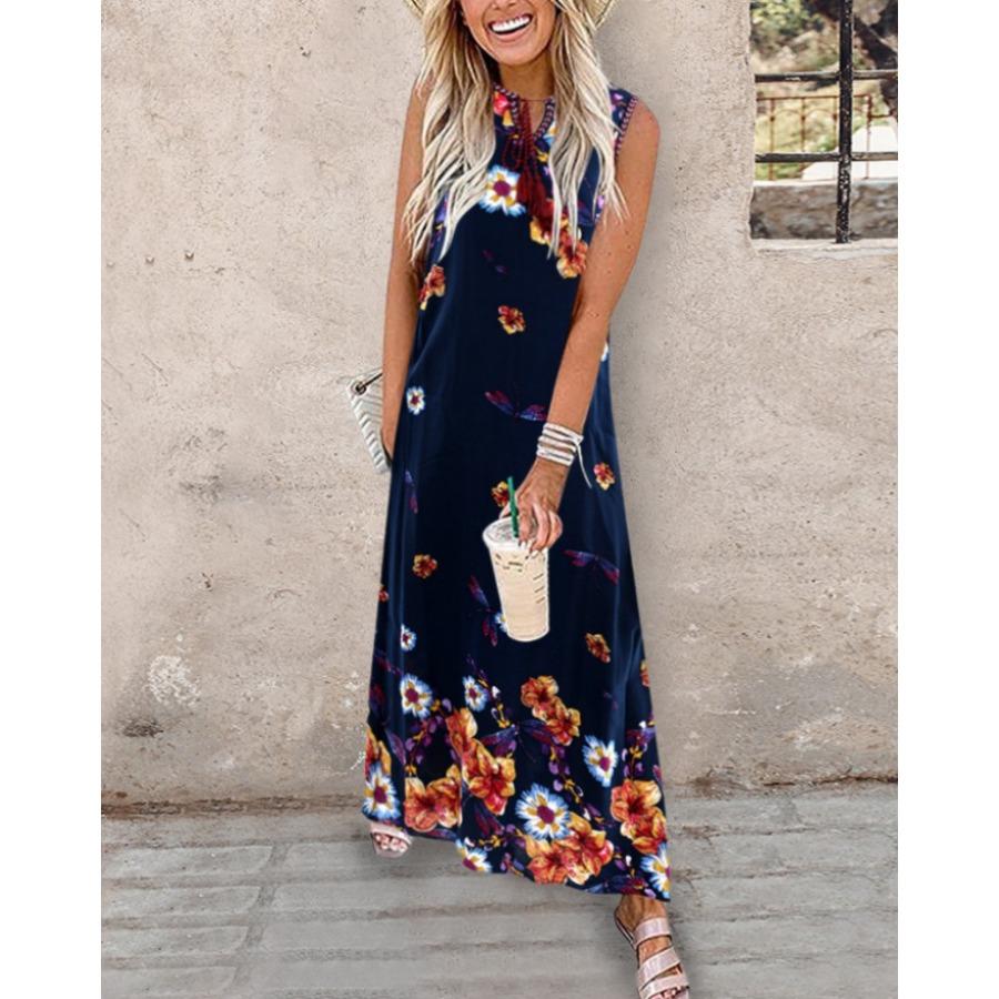 Summer Women Digital Position Print Sleeveless Long Lace Up Dress