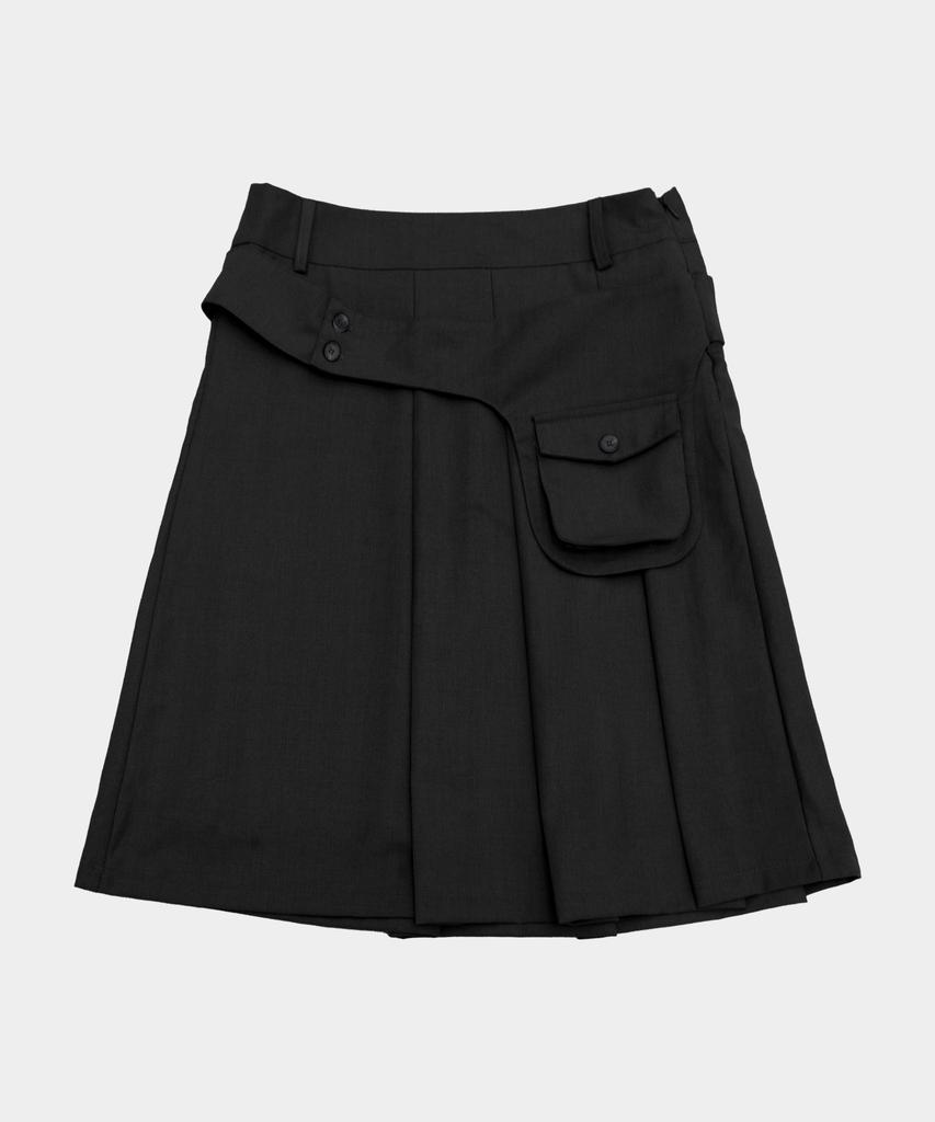 Place Studio Essential Button Pocket Belted Layered Asymmetrical Pleated Midi Skirt _3 Colors