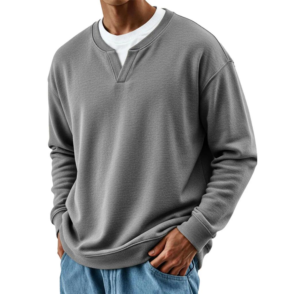 Мужская мода Однотонный Круглый вырез Длинный рукав Повседневная мода Универсальный Длинный рукав Свободная футболка Топ