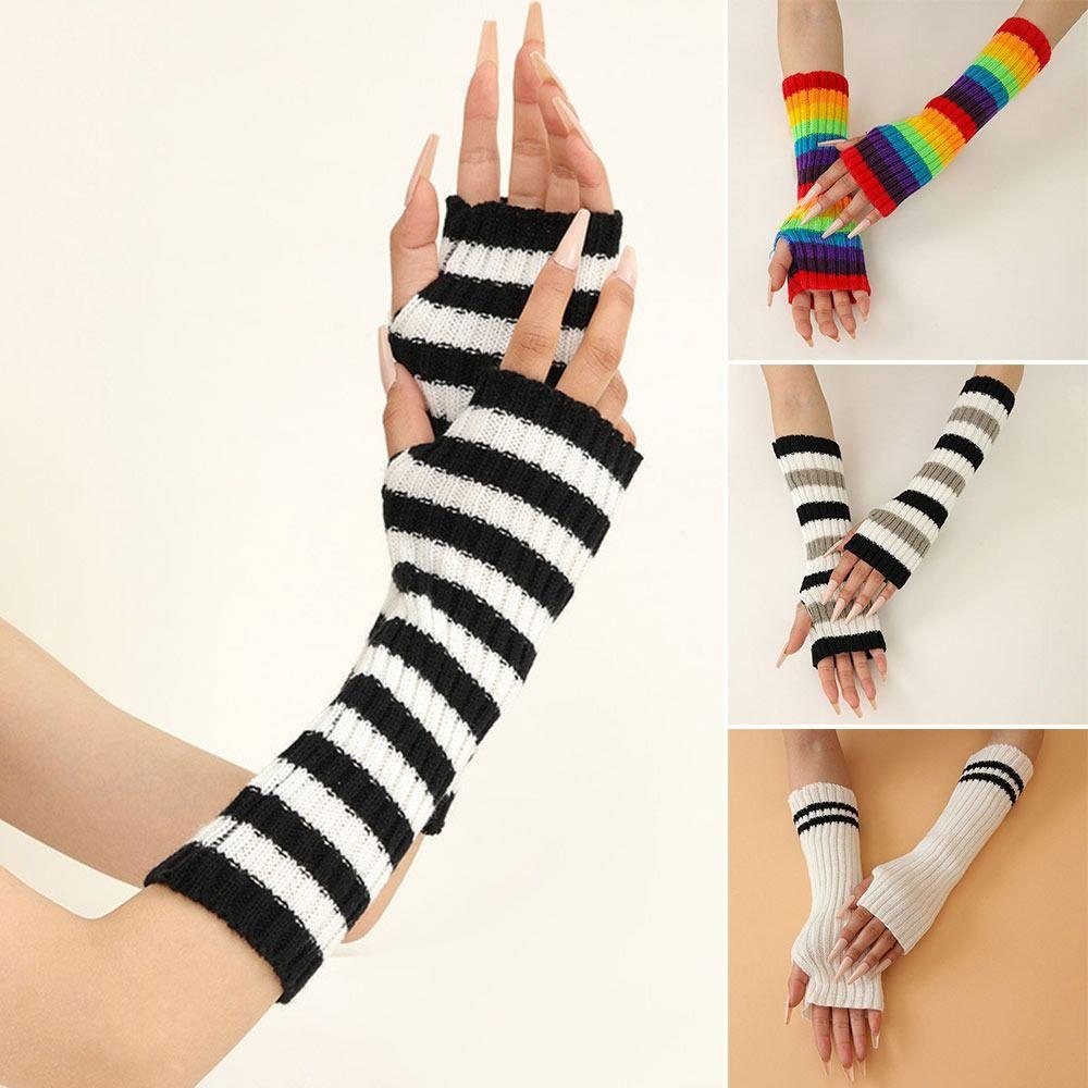 1Pair Warm Half Finger Gloves Striped Arm Sleeve New Arm Warmer Autumn