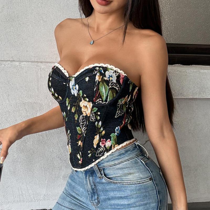 Летний новый стиль уличный ретро цветочный принт обернутый корсаж на шнуровке французский нишевый жилет на косточках