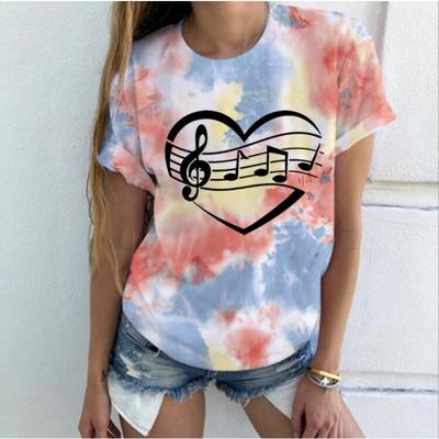 Футболки Summer Music Heart Tie Dye 3D Print Футболки для женщин Уличная одежда Повседневная мода Футболка с коротким рукавом Футболка с круглым вырезом для детей Футболки Топы Одежда