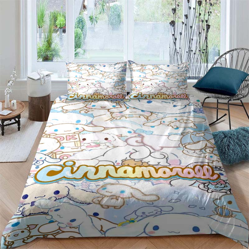 3D printed cartoon Cinnamoroll themed three-piece bedding set, including duvet cover and pillowcases, a perfect holiday gift.