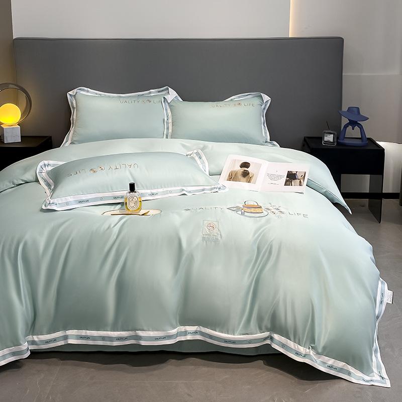 Комплект из четырех предметов из стираного шелка, высококачественное постельное белье из ледяного шелка, вышитое одеяло, покрывало, простыня, комплект из трех предметов