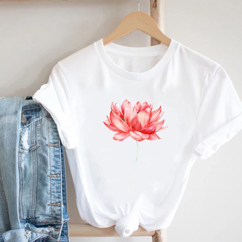 (Asian Size) Women Print Flower Floral Lovely 90s Trend Cute Tee Top Clothing Fashion Tshirt Lady Female Casual Short Sleeve Graphic T-shirt