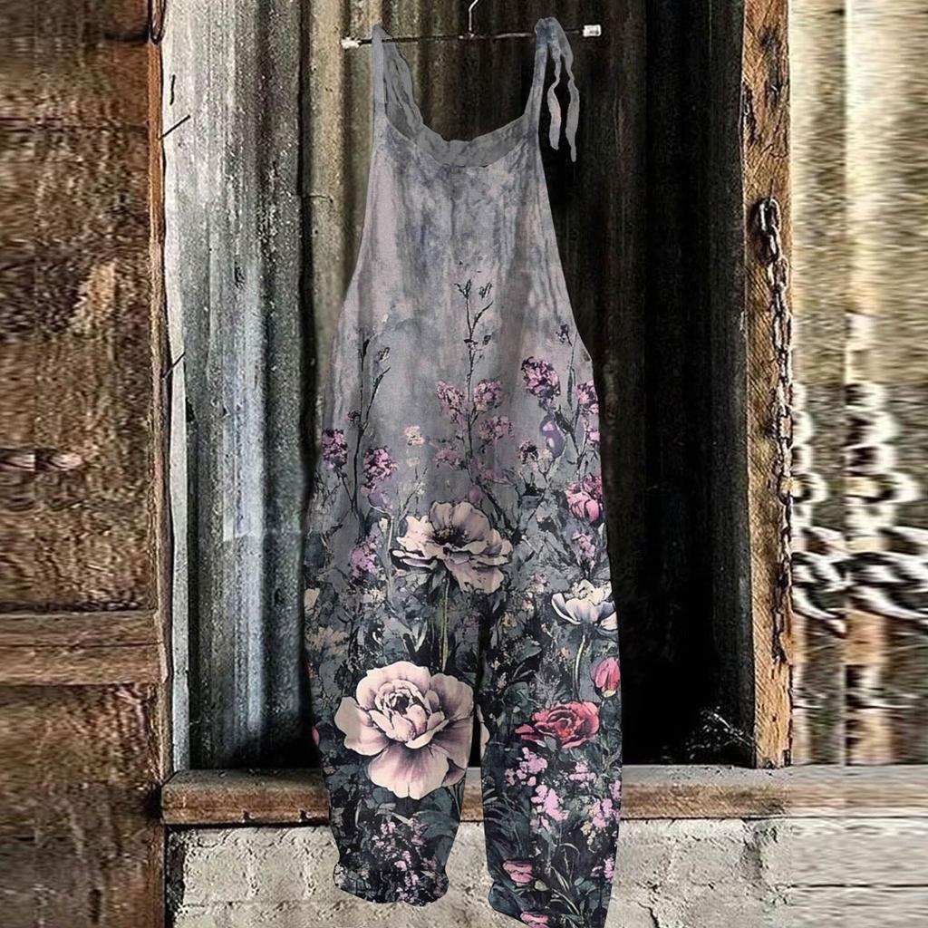 Женский комбинезон с цветочным принтом, повседневный свободный винтажный комбинезон из хлопка и льна