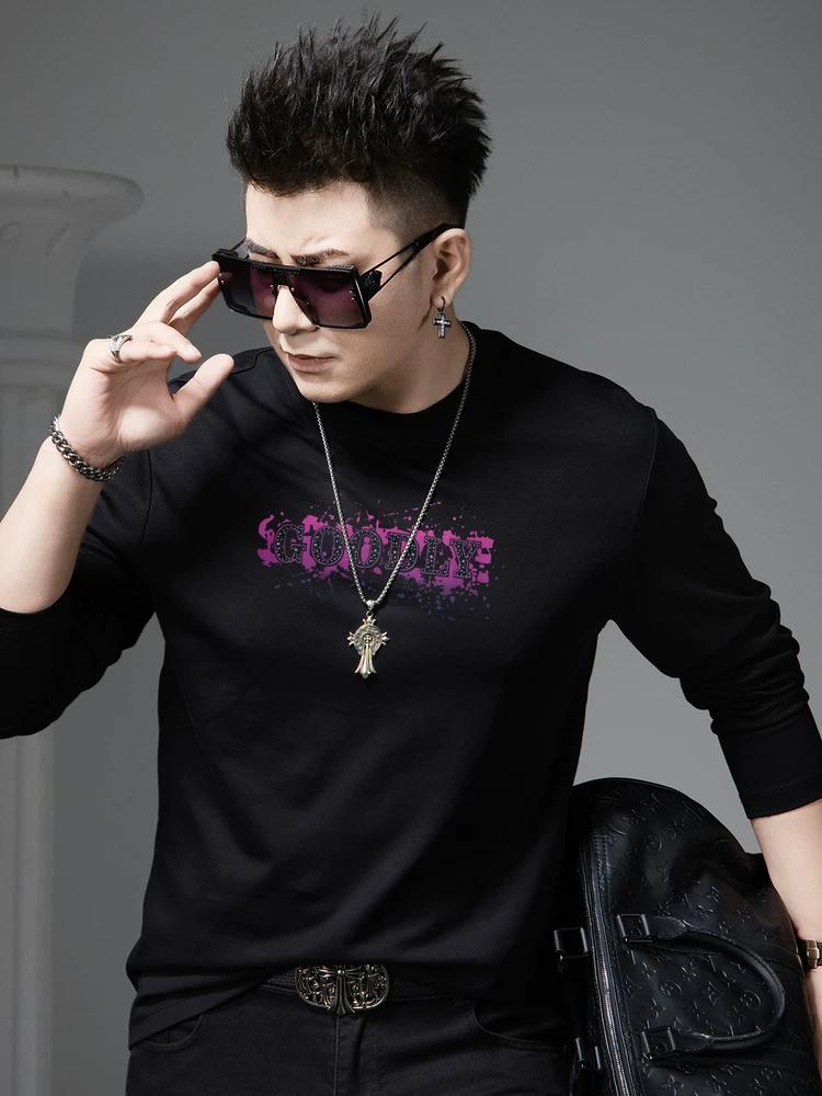 European Style Trendy Beaded Print Round Neck T-Shirt Men's 2025 New Autumn Long-Sleeve Base Shirt Men's Top