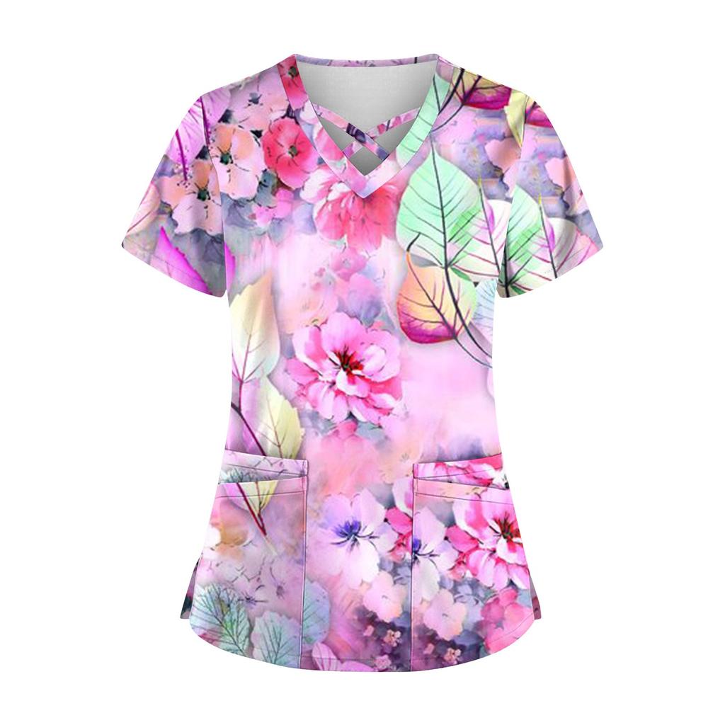 Плюс размер, милая рабочая форма с принтом, топы для женщин, забавные футболки с перекрестным v-образным вырезом и короткими рукавами, рабочая одежда, футболка с карманами