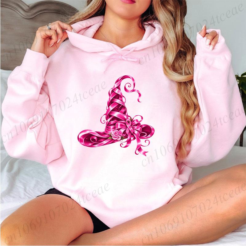 Pink Witch Hat Breast Cancer Graphic Hoodies Breast Cancer in October We Wear Pink Halloween Pullover Women Sweatshirts Gifts