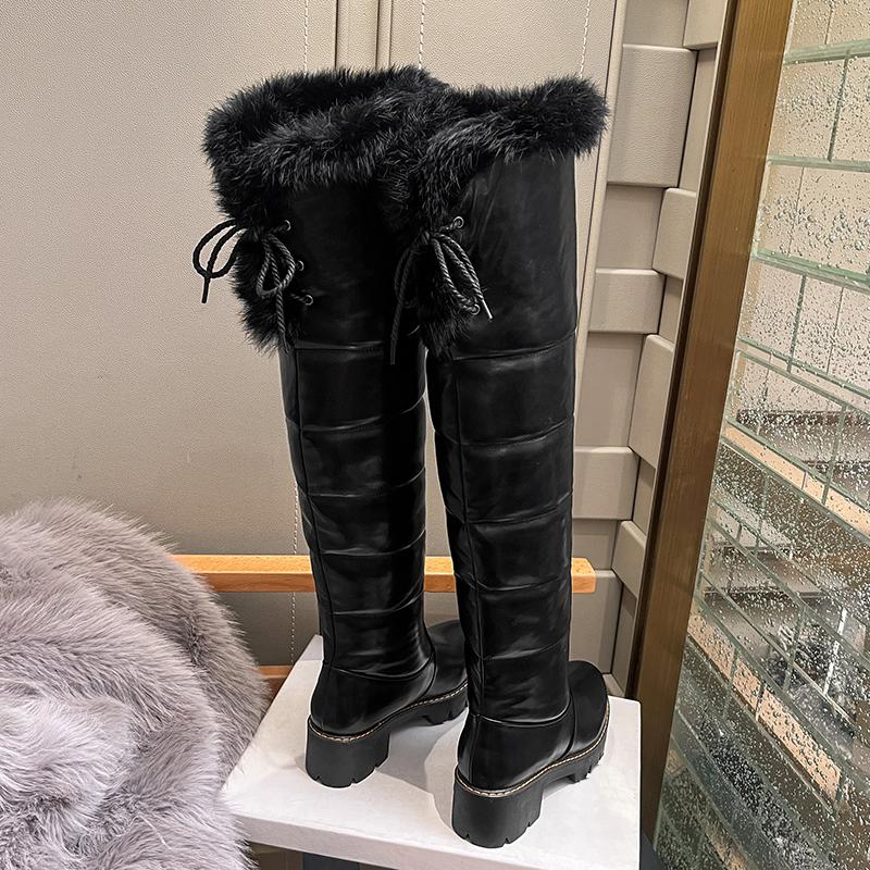 Женские длинные сапоги на высоком каблуке, новые зимние теплые зимние сапоги, большие плюшевые женские сапоги из однотонной кроличьей шерсти