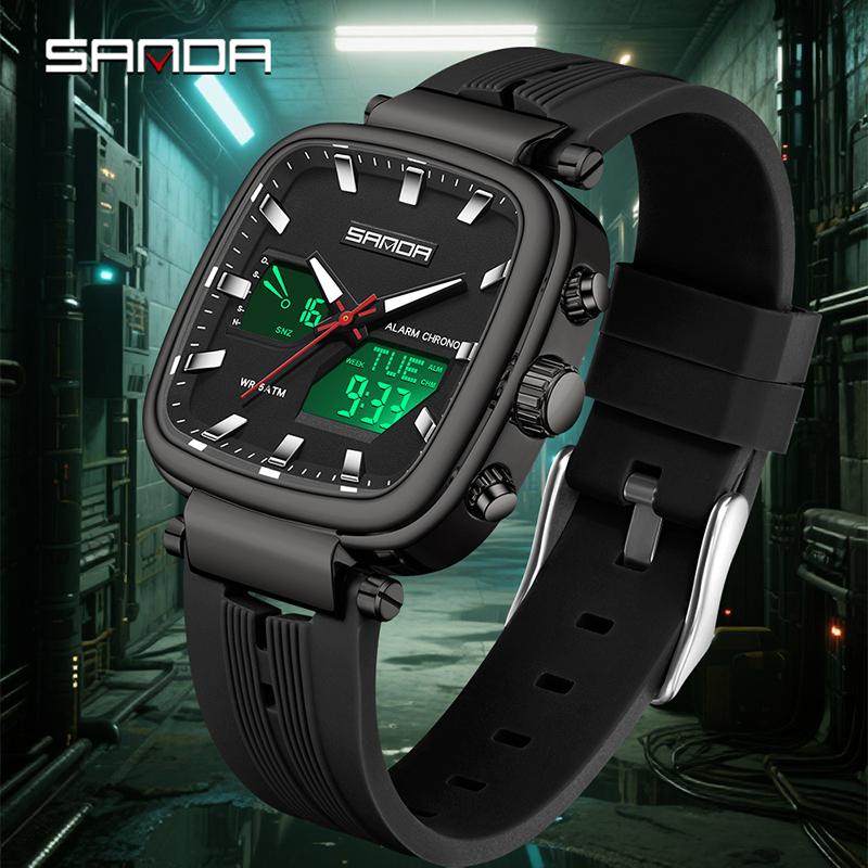 SANDA 6282 Модные Роскошные Мужские Электронные Часы Двойной Дисплей Спортивные Водонепроницаемые Ночная Подсветка Мужские Электронные Часы
