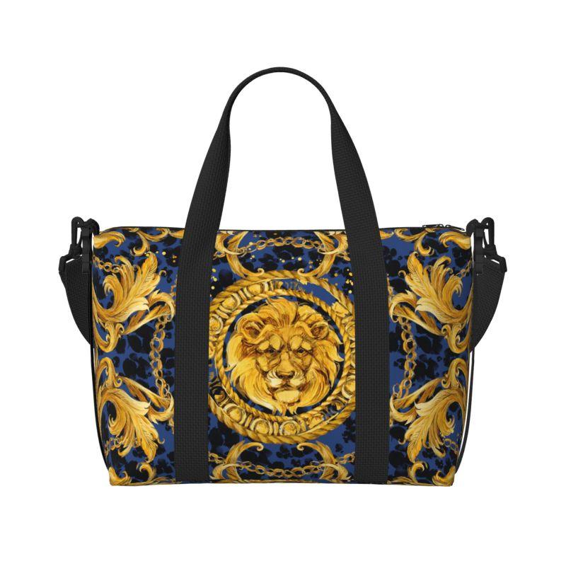 Golden Lion Baroque Pattern Travel Duffel Bag Personalized Weekender Overnight Bags with Shoulder Strap Unisex Sports Gym Bag