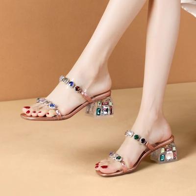 Модная обувь Женские женские тапочки Блестящие шлепанцы Квадратный каблук Модная мягкая 2025 Натуральная кожа Желейный блок Роскошные Летние Кристалл