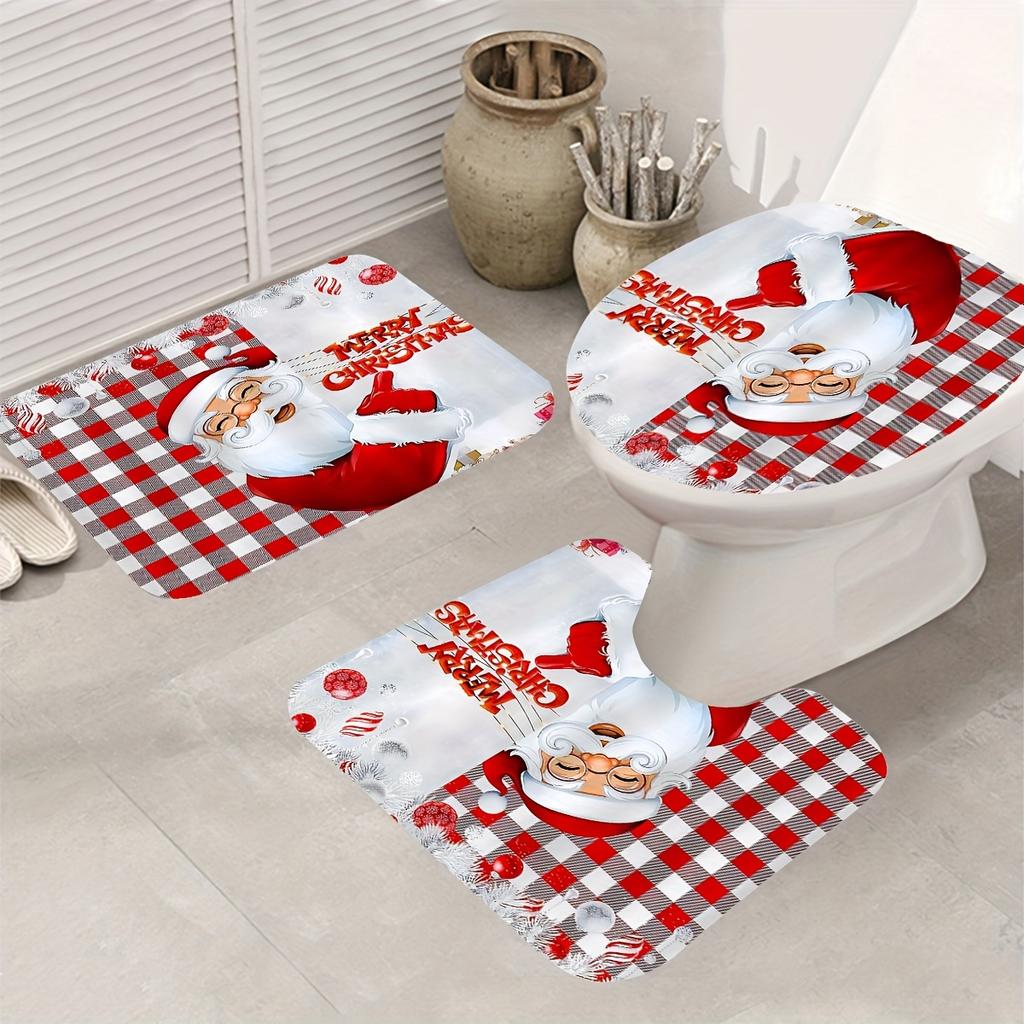 4 шт. Рождественский комплект занавесок для душа, водостойкий с 12 крючками, нескользящий коврик для ванной комнаты, U-образный коврик для унитаза, накладка на крышку унитаза