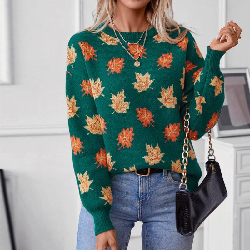 Женские осенние и зимние свитера с узором «Кленовый лист» Повседневная трикотажная рубашка-пуловер
