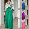 Women's Set Loose Large Size Casual Printed Shirt Solid Color Wide Leg Pants Two-piece Set