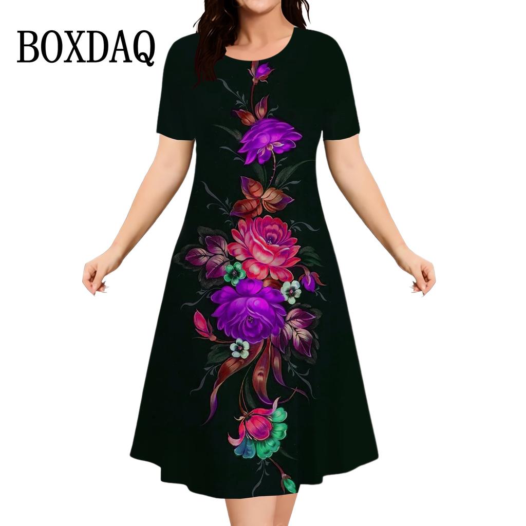 Повседневная одежда на каждый день Платье с цветочным принтом Женское платье больших размеров с коротким рукавом Свободное платье Летняя мода Круглый вырез Уличное элегантное платье
