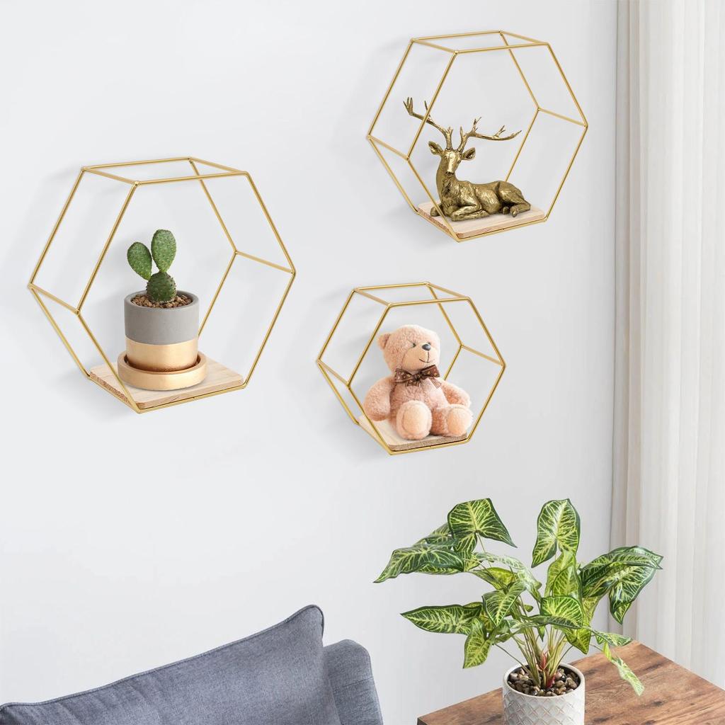Hexagon Wall Shelf 3 Hanging Shelves, Loft Wall Shelf ShelvesIron & Wood Floating Shelves for Living Room, Bedroom, Kitchen