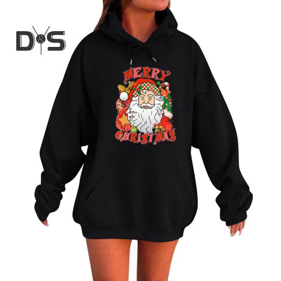 Женская рождественская толстовка с капюшоном с принтом Санта-Клауса, свободная, толстая, с длинными рукавами, эластичными манжетами и подолом, праздничная толстовка с капюшоном на шнурке и карманом