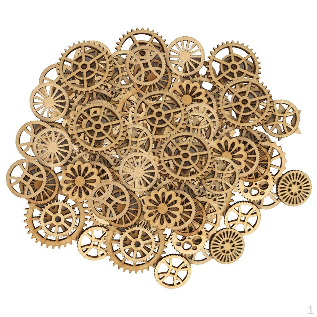 100x Mixed Size Unfinished Wood Gear Embellishments for Diy Decoration