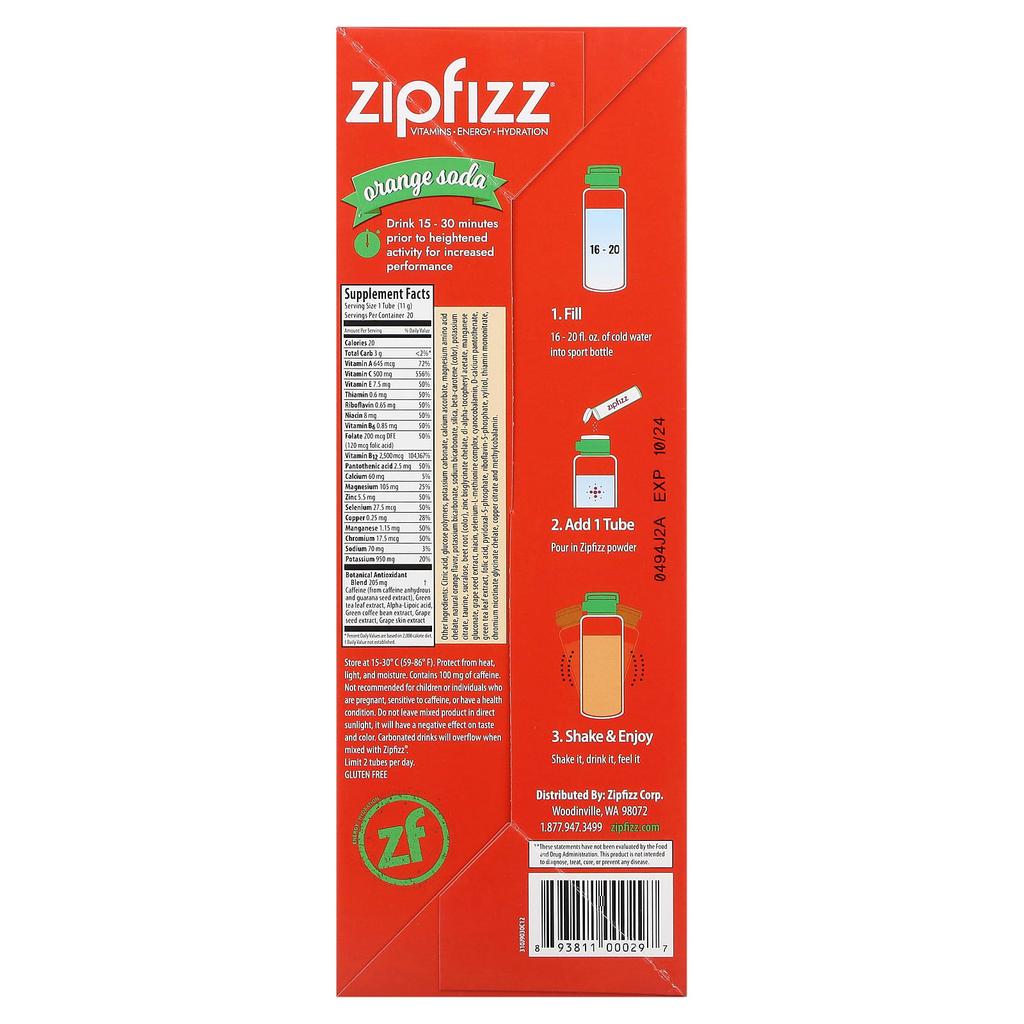 Zipfizz Energy Drink Mix, Orange Soda, 20 Tubes, 0.39 Oz (11 G) Each