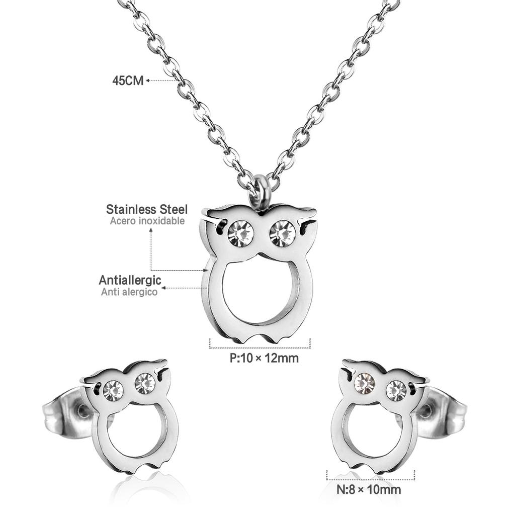 Fashion Cute Owl Charms Pendant Necklace Delicate Owls Animals Small Earrings Stud Titanium Steel Jewelry Set Young Teenagers