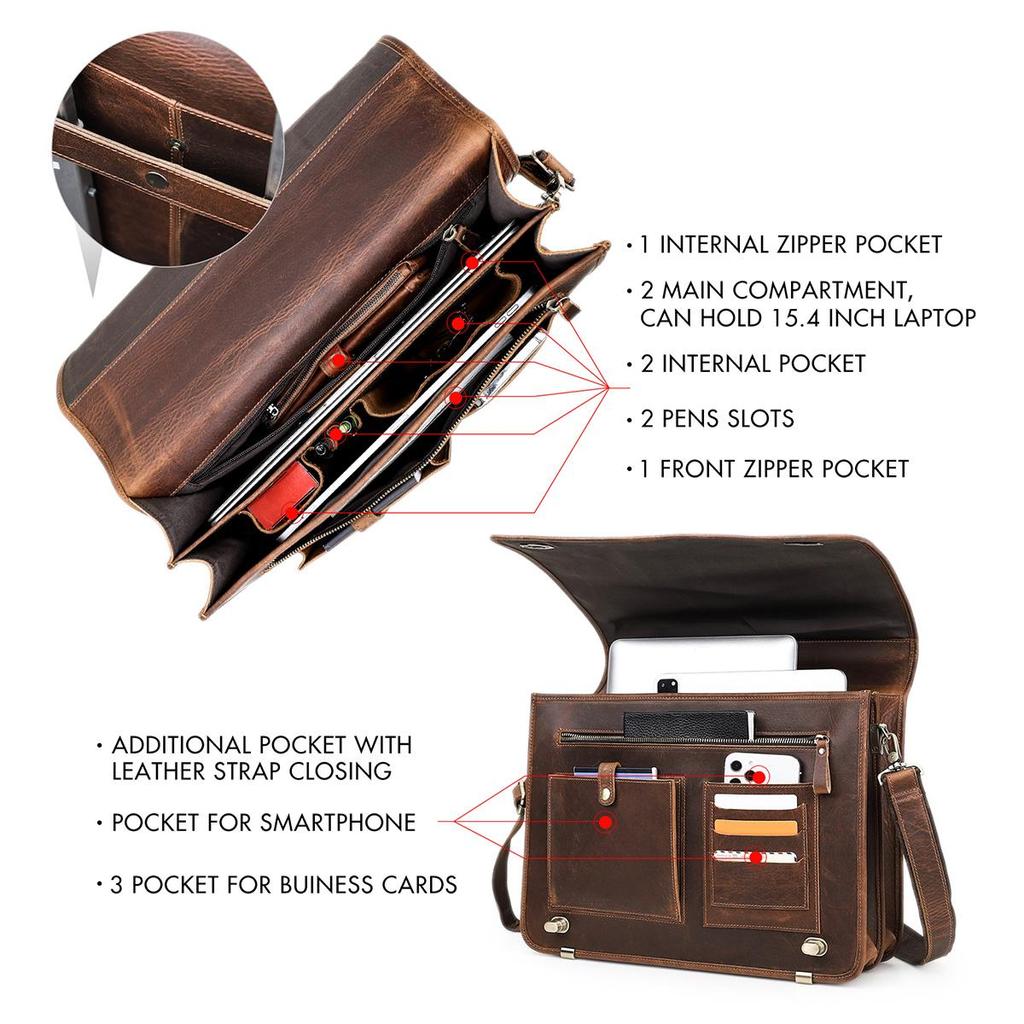 CONTACT'S Деловой мужской портфель Crazy Horse Кожаные сумки через плечо Роскошная брендовая сумка для ноутбука для 15,6-дюймовых сумок-тоут