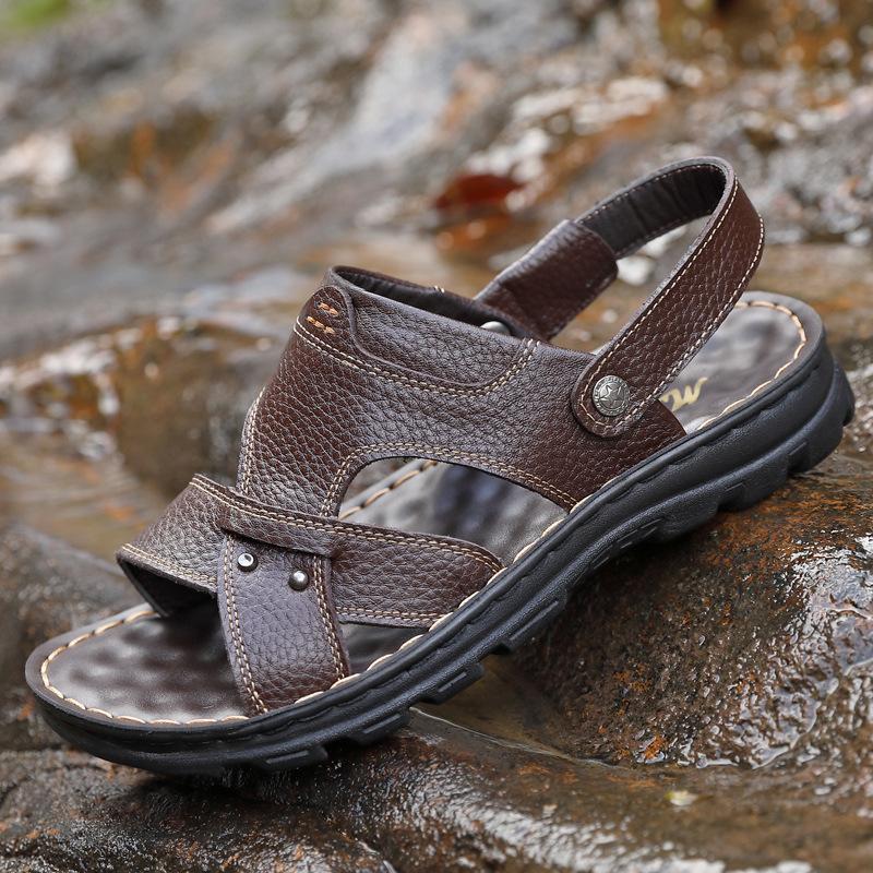 Мужские летние сандалии, новые шлепанцы, мягкая резиновая подошва, модная обувь, первый слой коровьей кожи, модная кожаная повседневная пляжная обувь