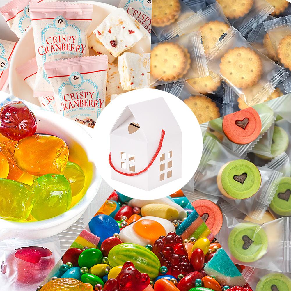 30sets House Shaped Paper Folding Candy Tote Boxes with Hollow Window and Rope Handles for Wedding Party Gift Wrapping White