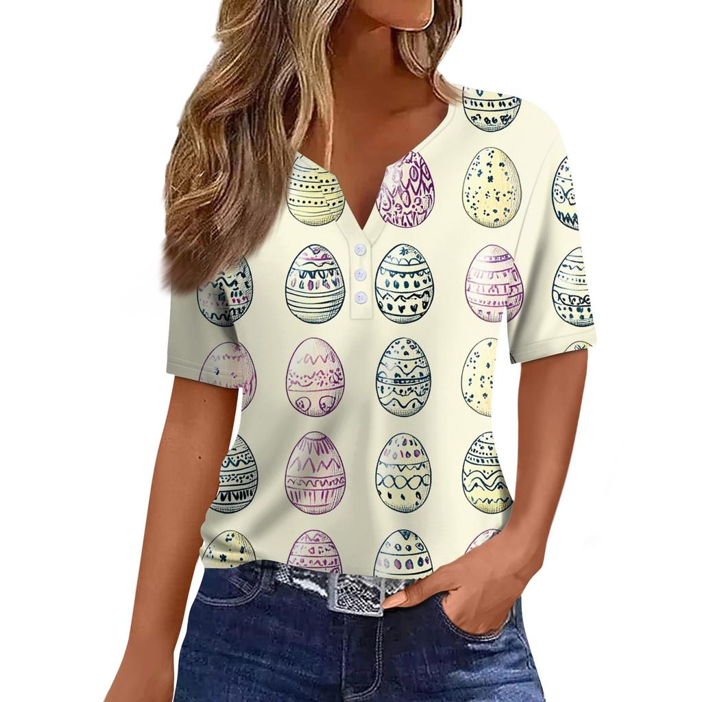 Women's T Shirt Print Button Short Sleeve Daily Weekend Fashion Basic V- Neck Regular Top