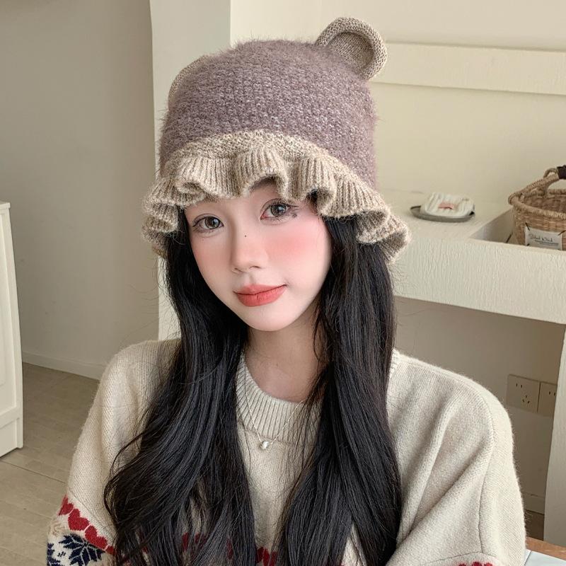 Японская милая шапка-пуловер с медвежьими ушками, осенне-зимняя шапка, женская вязаная шапка для большой головы, кружевная шерстяная шапка