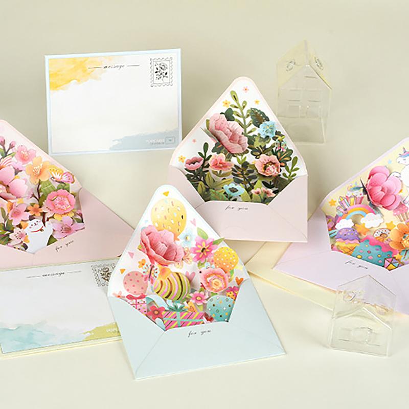 New Romantic Flower Birthday Christmas Card 3D Pop-up Greeting Cards Set Postcard Party Wedding Decorations Creative Girl Gifts