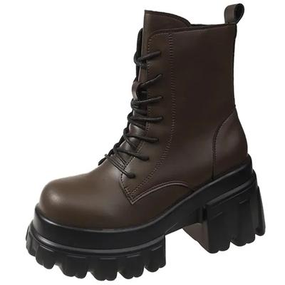 Модные элегантные зимние ботинки на толстой танкетке высотой 9 см для женщин 2024 года, осень-зима, новый стиль, повседневные короткие ботинки на толстом каблуке со шнуровкой