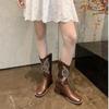 Women Retro Mid Calf Western Cowboy Motorcycle Boots Female Autumn Embroidered Square Toe Chunky Heel Fashion Design Brown Boots
