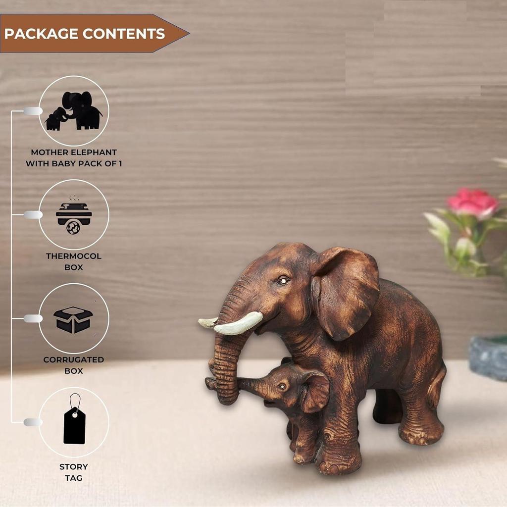 Brown Poly Resin 'Mother & Baby Elephant' 8 Inches - Set of 1 Showpiece Mother & Baby Elephant Figurine for Home Decor