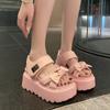 Fashion Women Summer High Platform Sandals 8CM Wedges Leather Chunky Slippers 2025 Outside Ankle Strap Sandals Beach Casual Slides Woman