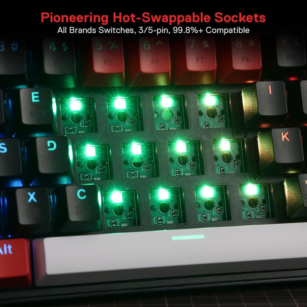 Redragon K628 Pro 3 Modes Wireless RGB Gaming 78 Hot Swappable Compact Mechanical Keyboard Swap Free Mod PCB Dedicated Arrow Keys Number Red Switch