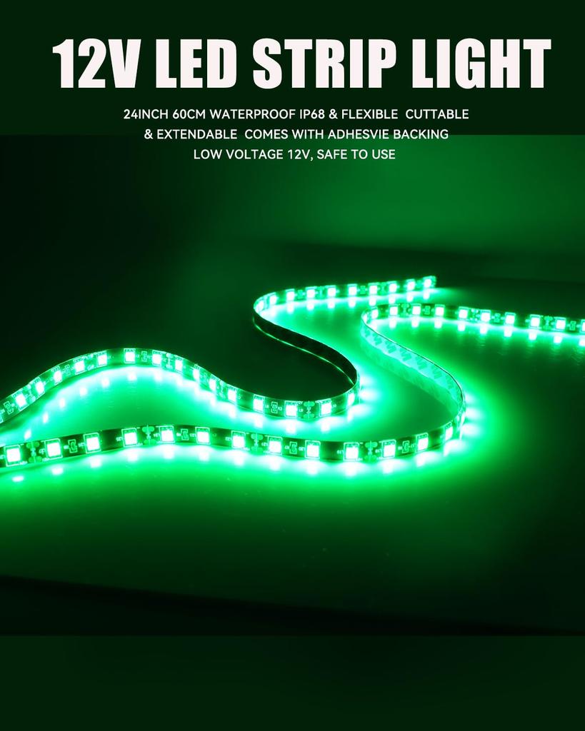 60cm LED Strip Lights for Car Foot Golf High 4 Strips Interiors, Lights, Motorcycles, Taillights, Carts, Boats, Green, Brightness, Waterproof,