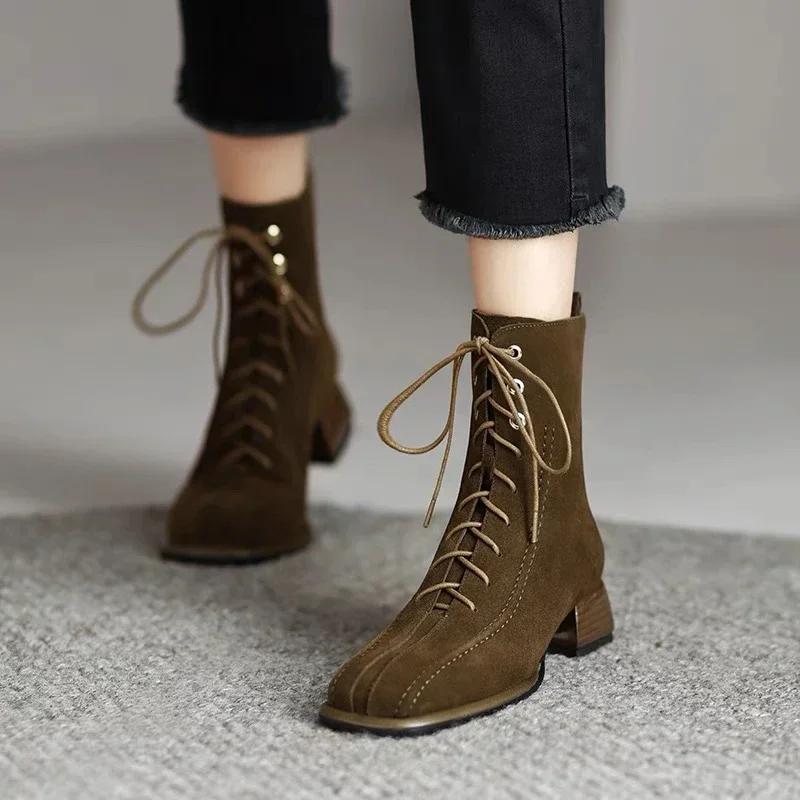 New Square Toe Thick Heel Everything Temperament Fashion Boots Ankle Boots Small Fragrance Stretch Slim Boots