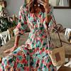 Spring and Autumn Women's Dress Fashion V-Neck Long Sleeve Printed Loose Mid-Length Dresses