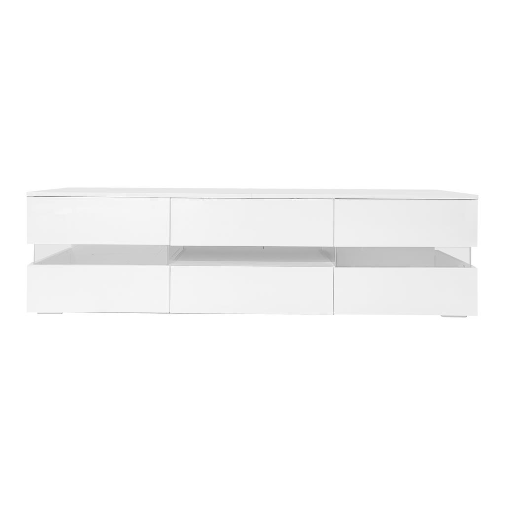 Modern White High-Gloss TV Cabinet, 160x39x45 cm, LED Lighting, 2 Doors, 1 Drawer, Open Compartment, 70-Inch TVs, Acrylic Glass Insert, Push-to-Open