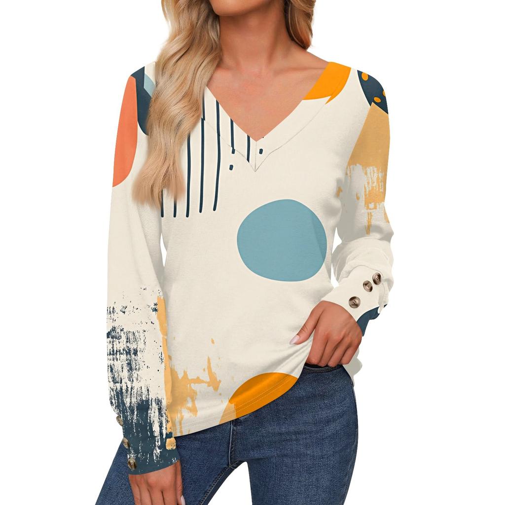 Женская повседневная модная рубашка с длинными рукавами и манжетами на пуговицах, свободная футболка с V-образным вырезом, осенняя одежда