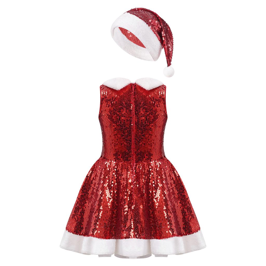 Kids Girls Christmas Party Dance Performance Costume Sleeveless Sequins Dress with Hat Set